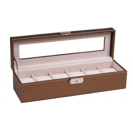 BRONZBARNA SZÍNŰ KARBON MINTÁS BŐR ÓRATARTÓ DOBOZ 6 ÓRÁNAK