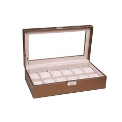   BRONZBARNA SZÍNŰ KARBON MINTÁS BŐR ÓRATARTÓ DOBOZ 12 ÓRÁNAK