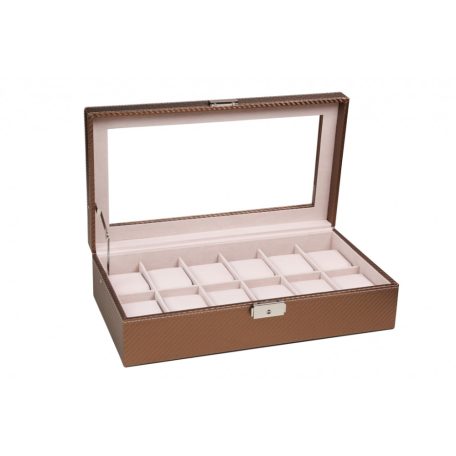 BRONZBARNA SZÍNŰ KARBON MINTÁS BŐR ÓRATARTÓ DOBOZ 12 ÓRÁNAK