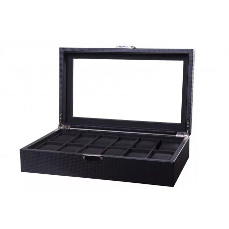 Karbon fekete műbőr óratartó doboz, óradoboz 12 órának