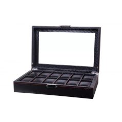   Karbon fekete műbőr óratartó doboz, óradoboz 12 órának